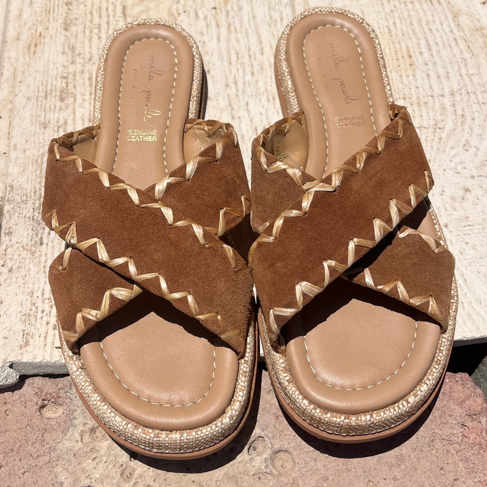 Mila Paoli Brown Criss Cross Suede Sandals Size 9